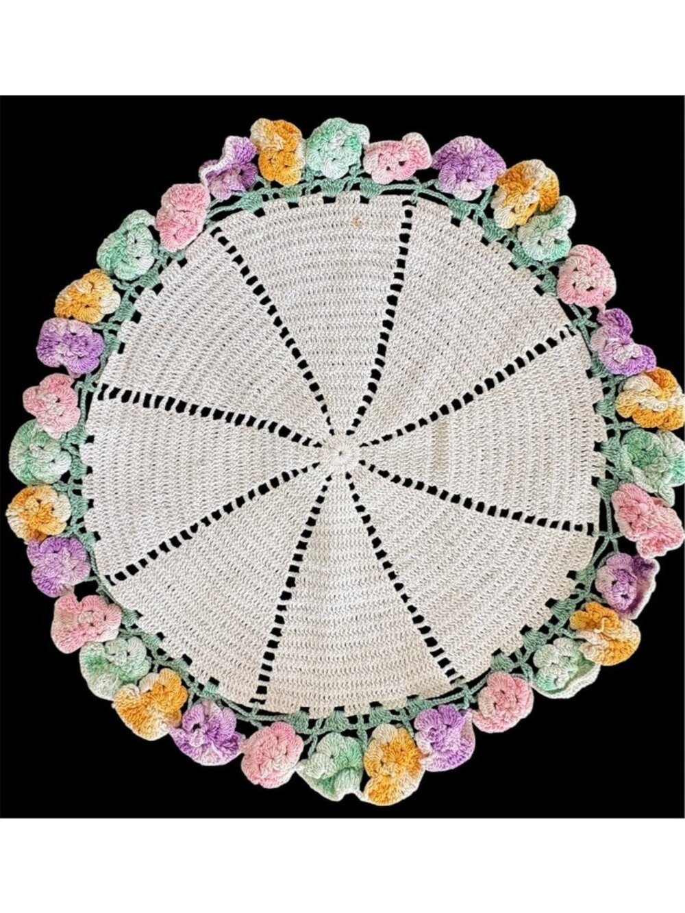 VTG 3D Crocheted Floral Doilies Set Of Two 10 Inch Multi Color